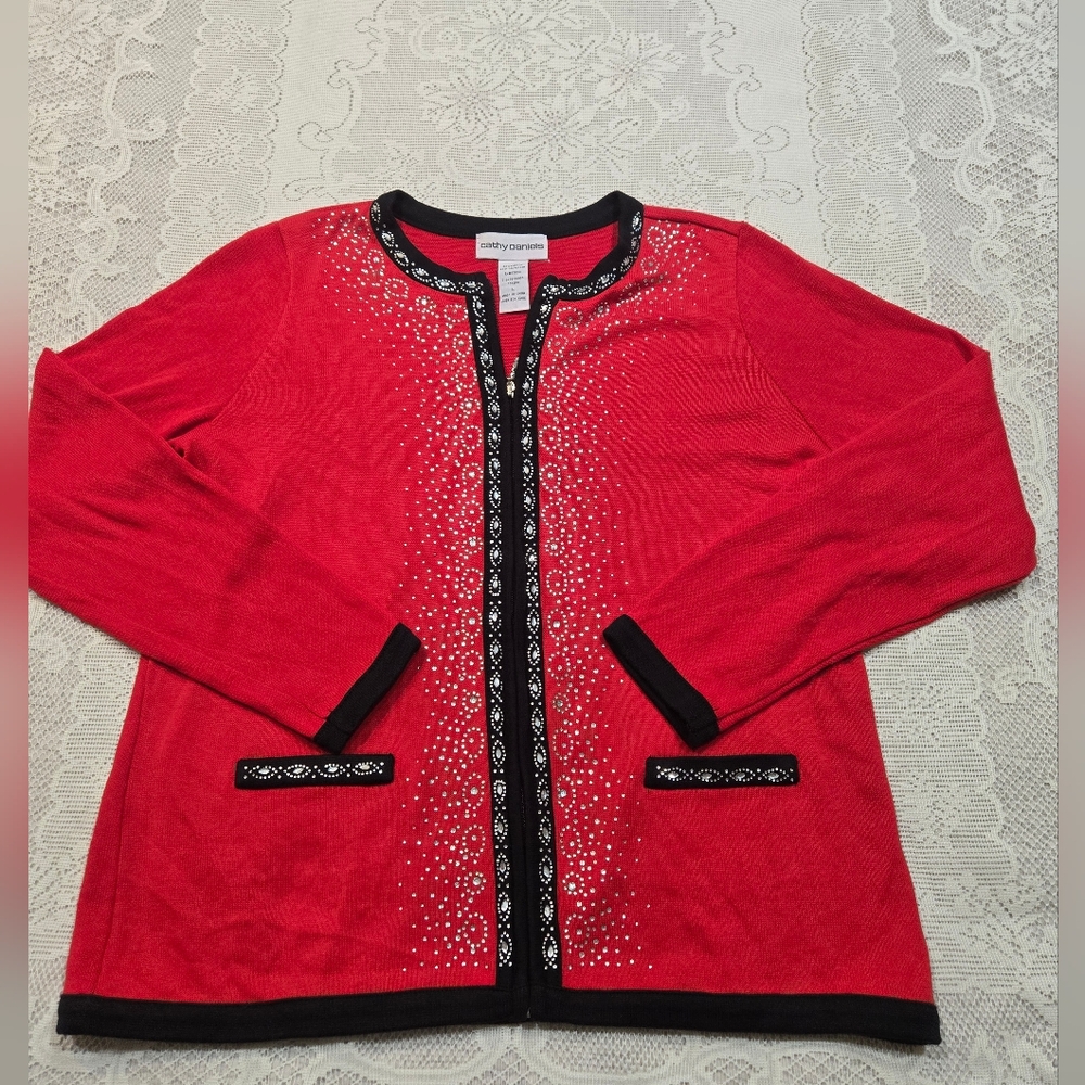 Cathy Daniels Red and Black Embellished Cardigan Sz Large